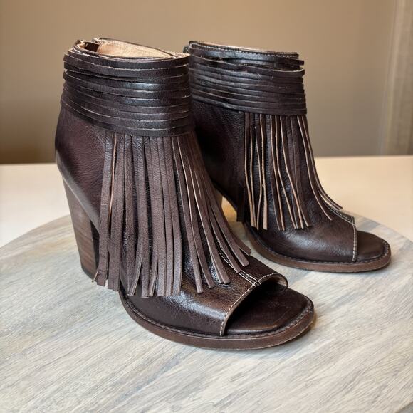 Bed Stu Onset Olivia Peep Toe Women's Fringe Brown Leather Booties Size 6.5 - Picture 1 of 12